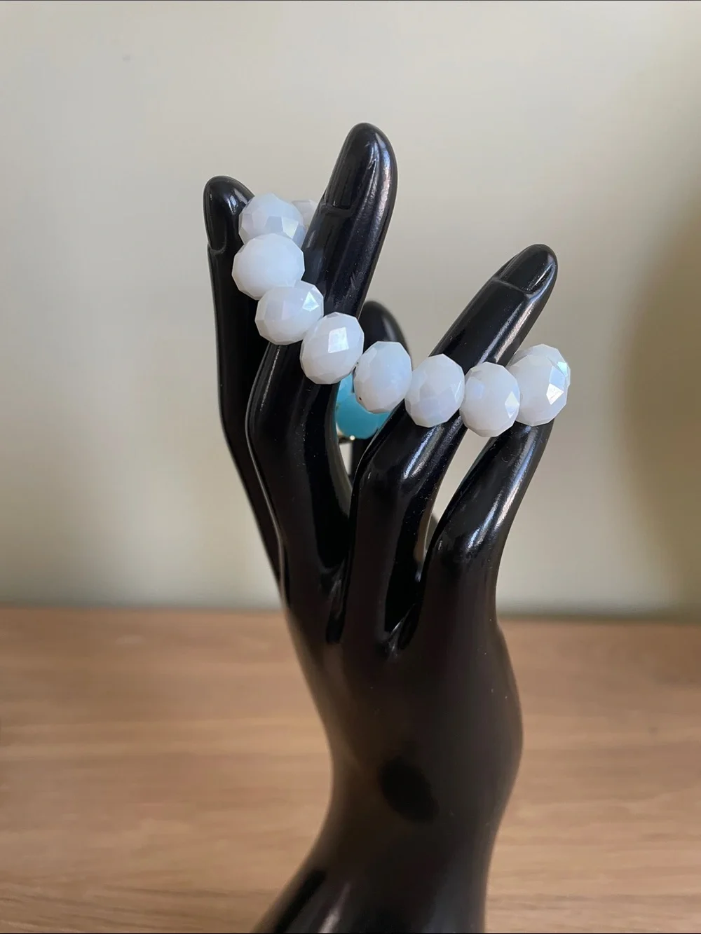 HAND CRAFTED BEADED STARFISH STRETCH BRACELET Aqua Blue & White Faceted Beads